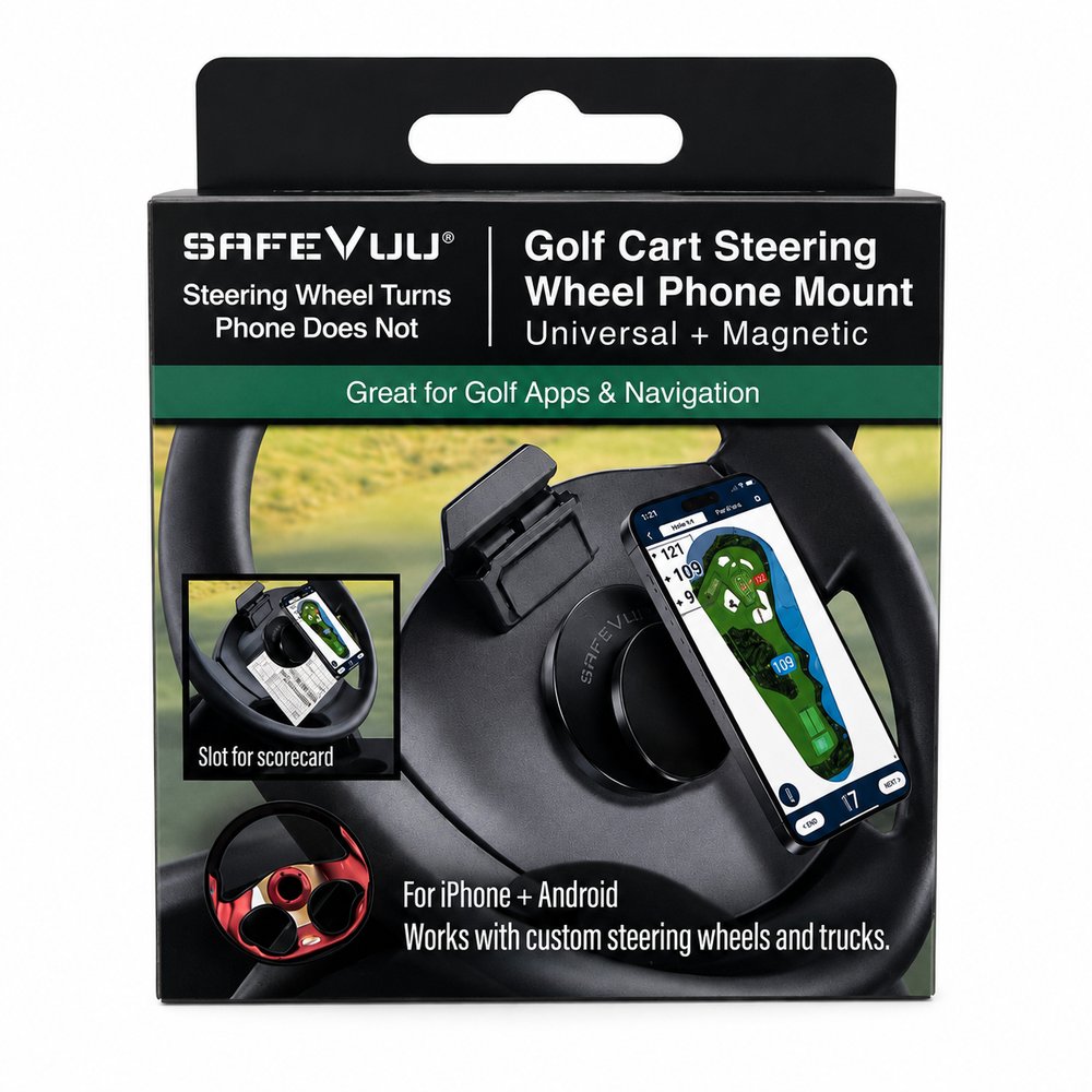 The SafeVuu retail box: Golf Cart Steering Wheel Phone Mount, universal and magnetic, for iPhone and Android
