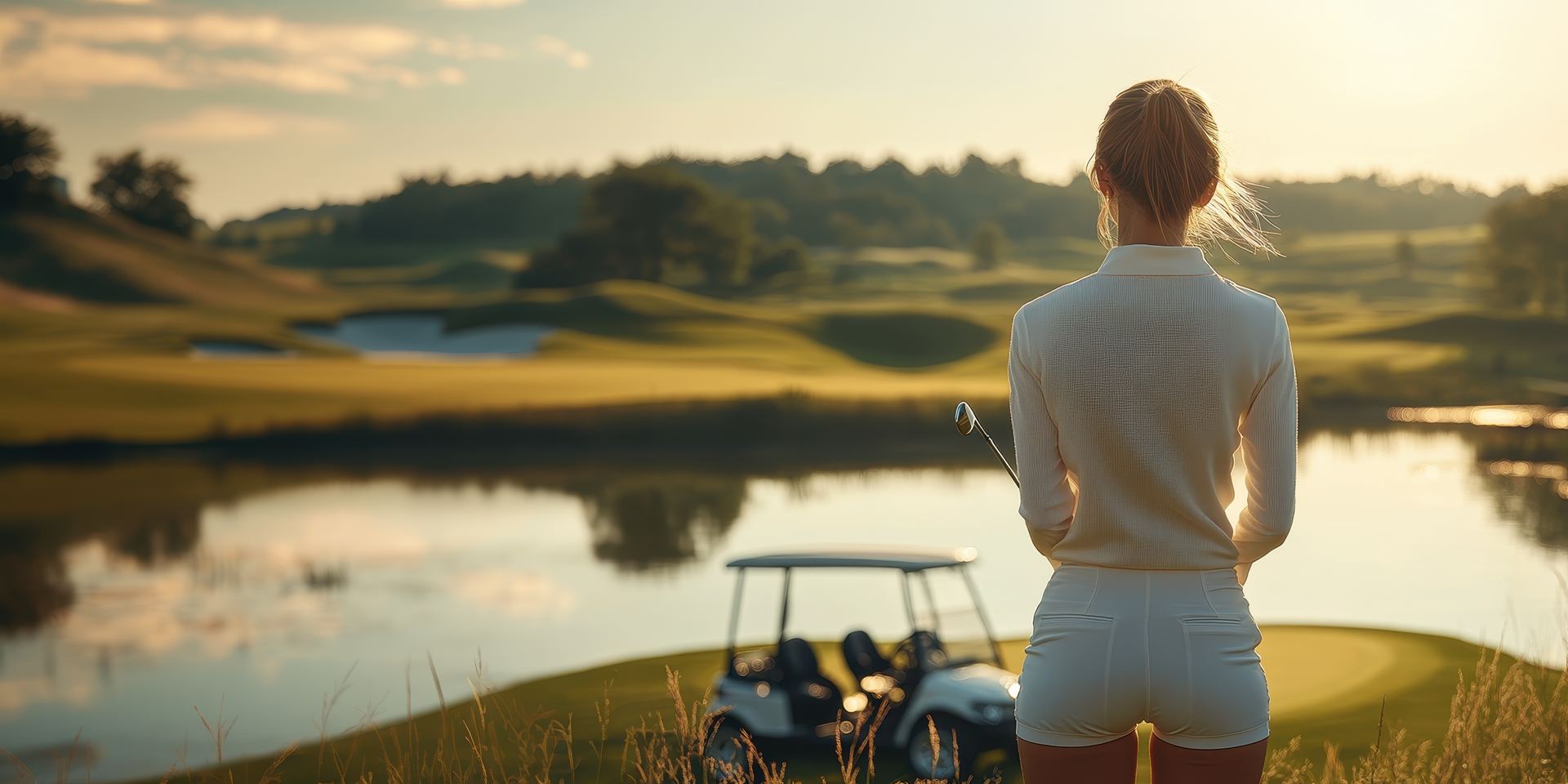 A golfer overlooking the course at golden hour beside a golf cart